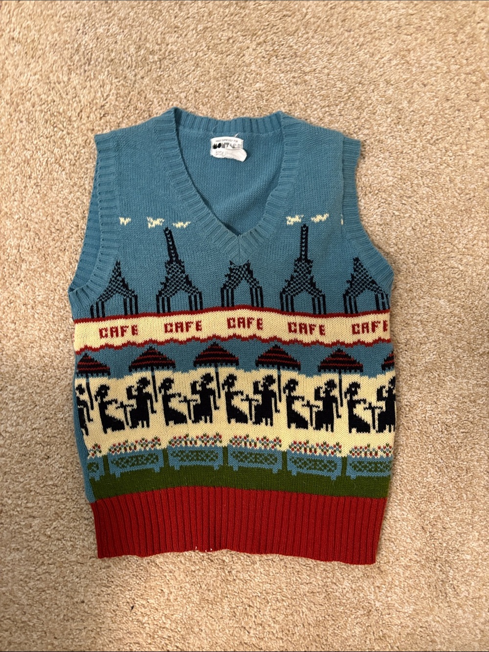 Blue Café Knit V-Neck Sweater Vest with Red Trim Vintage 70’s Parisian print